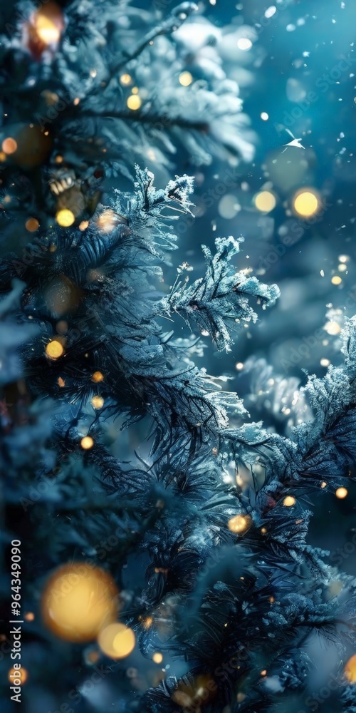 Poster a close-up view of a snow-covered evergreen tree branch, with its branches and needles illuminated b