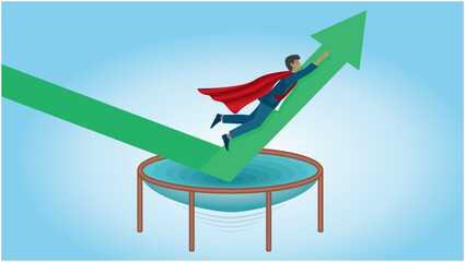Overcoming business fall and increasing profit or achievement concept, Stock market rebound, businessman jumping high on upgoing arrow on trampoline. Superhero. Dimension 16:9. Vector illustration.