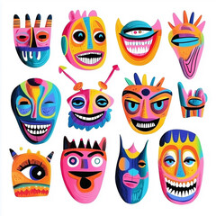 Safety masks set. Crazy mask or abnormal horror emotional faces. Ufo people with big eyes and lips, cyclops, monsters and demons. Unusual characters with horrible smiles