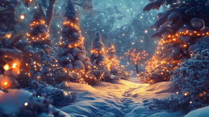 Christmas tree with shining garlands in snowy forest, night landscape. Dreaming time, fantasy and miracle new year illustration. Lights on trees, winter season