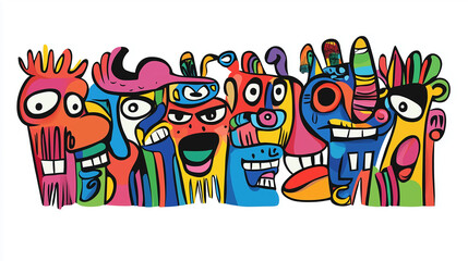 Colorful doodle monsters. Crazy faces bright colors, fashion print template isolated on white. Abnormal cartoon fantasy characters, decorative graphic design