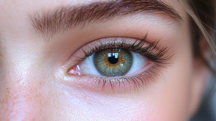 Obraz premium Close-up of a human eye showcasing unique green and brown hues, with well-defined eyelashes and a smooth complexion in natural light