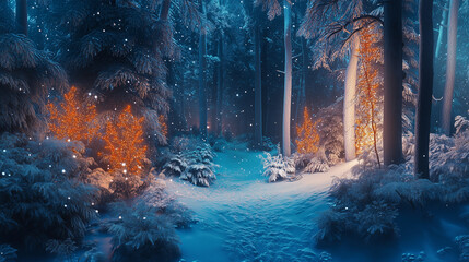 Winter snowy forest at night landscape. Snow on tree, seasonal cozy illustration. Christmas time, New year holidays, miracle and dreaming time. Cold weather in forest