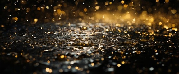 a close-up view of a wet surface with numerous small water droplets scattered across it, creating a shimmering, glittery effect. The background is dark and blurred, emphasizing