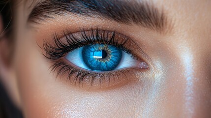 Fototapeta premium Close-up view of a striking blue eye with intricate details, showcasing eyelashes and skin texture in natural light