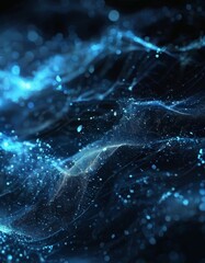 a digital art piece featuring a swirling, abstract pattern of blue and white particles, resembling a cosmic or celestial scene.