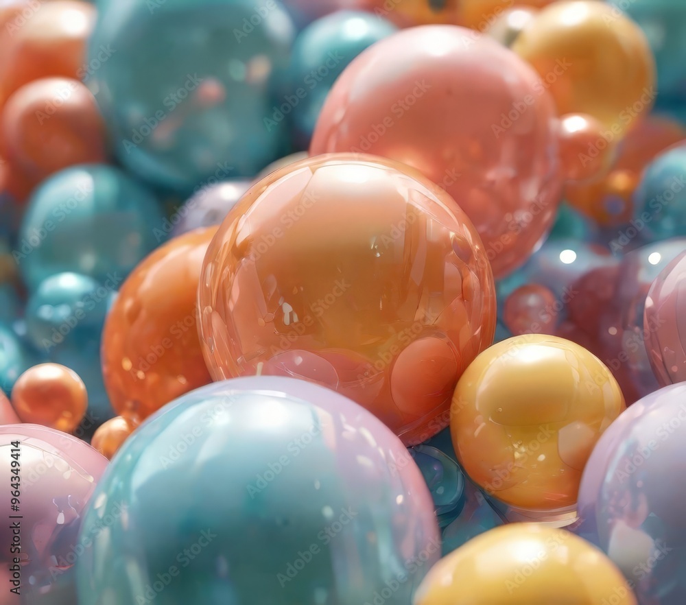 Poster a close-up view of a collection of colorful, spherical objects, with a focus on a large orange spher