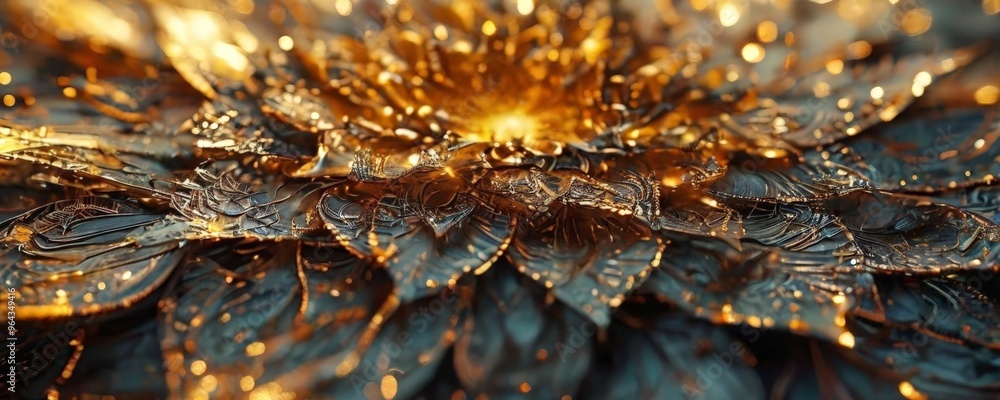 Poster a close-up view of a textured surface with a golden, glittery, and metallic appearance. the surface 