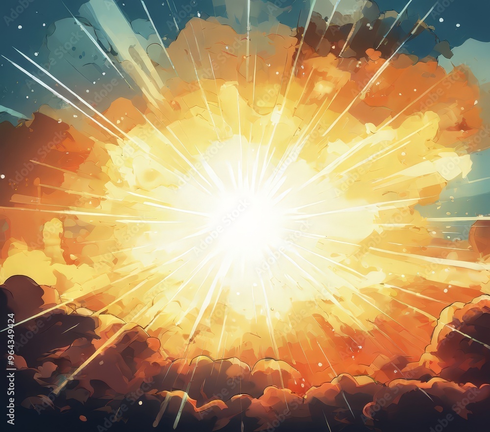 Poster a vibrant explosion of light and color, with rays of light emanating from the center, creating a dyn