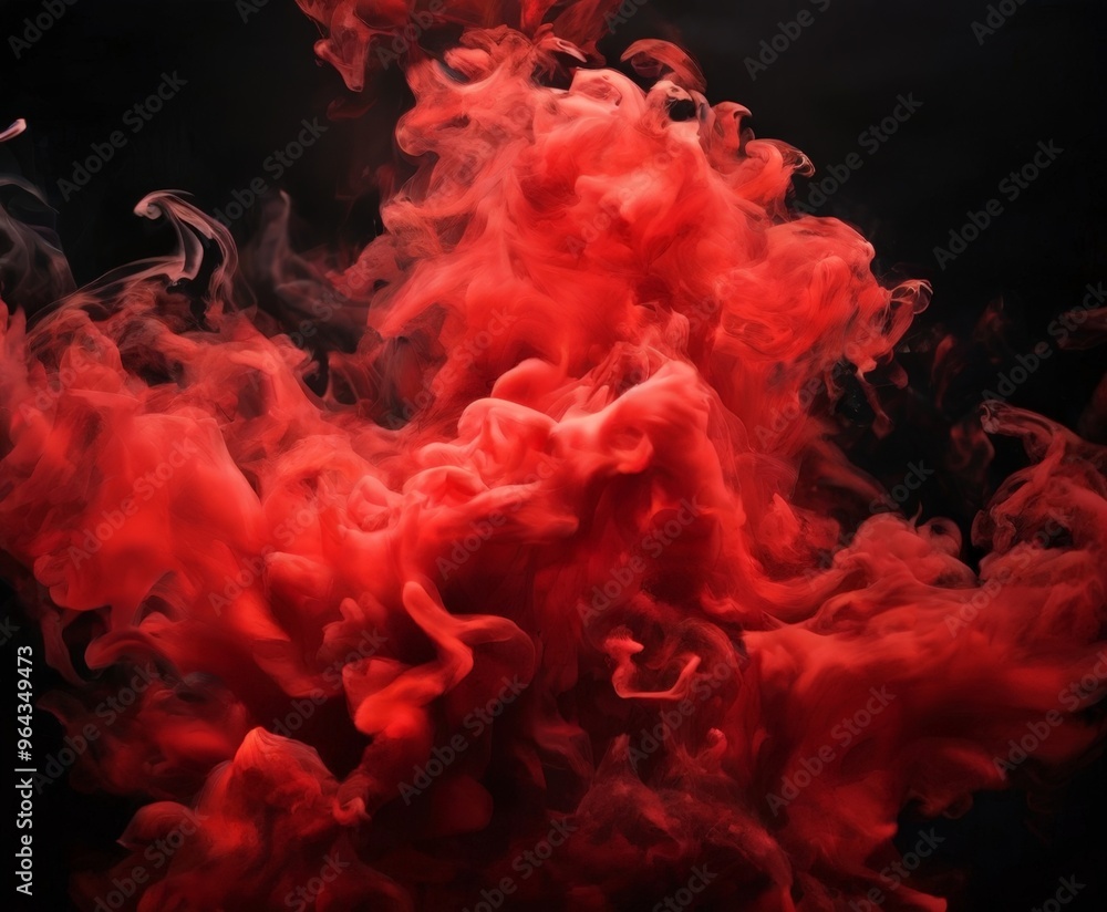 Poster a swirling, fiery red smoke or vapor against a dark background, creating an abstract and dynamic vis