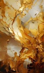 an abstract painting featuring a swirling pattern of golden and brown hues, with a sense of movement and dynamism.
