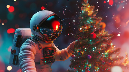 Astronaut in spacesuit and Christmas tree. New Year party, surreal vibrant shining illustration with blur effect elements. Cosmonaut in space floating, x-mas winter holidays disco 