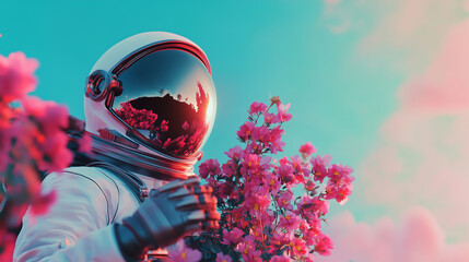 Astronaut realistic style in spacesuit with flowers. Universe travel, bright surreal landscape with cosmonaut in suit. Vibrant illustration, space exploring and botanical research