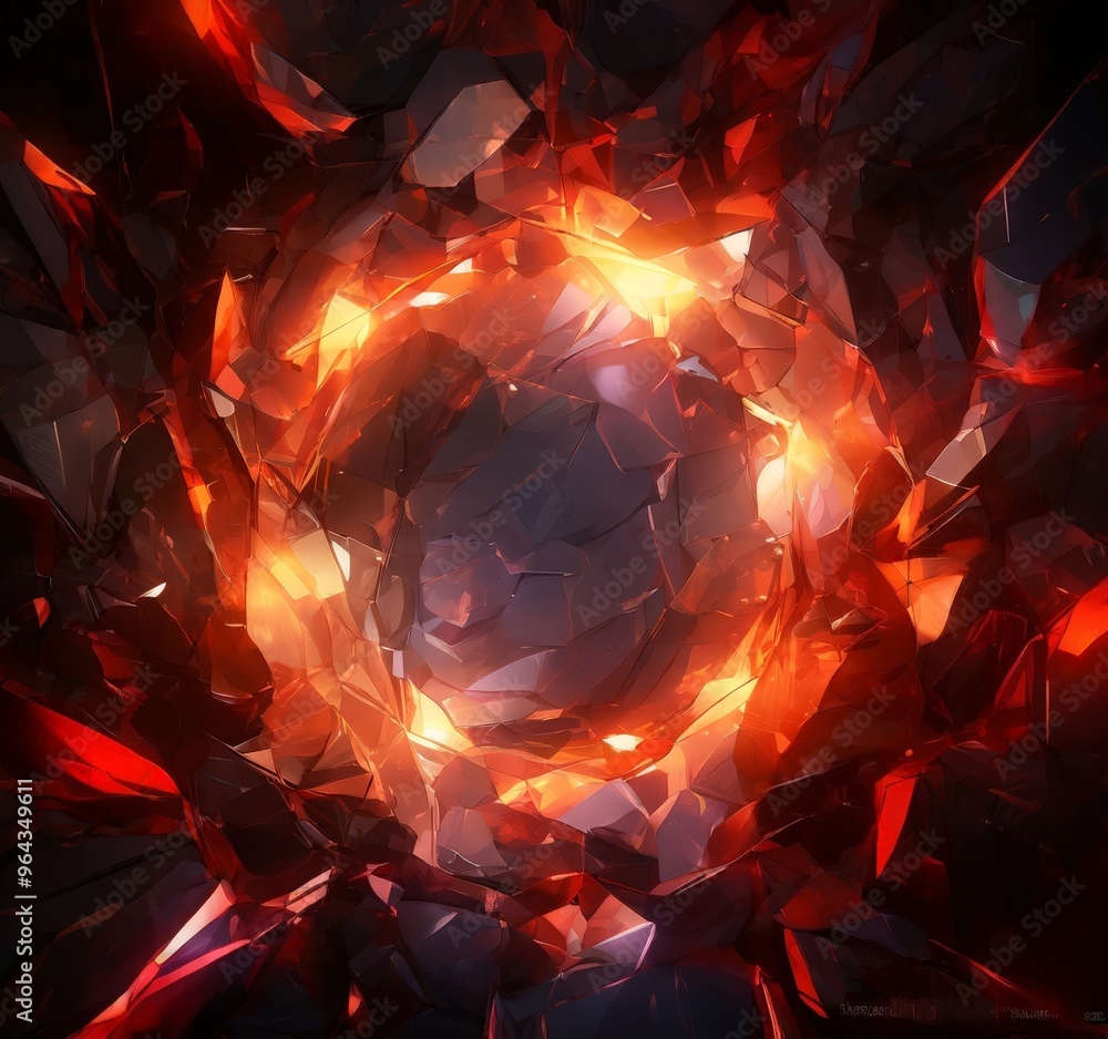Poster a digital artwork depicting a fiery explosion, with a central circular burst of intense orange and r