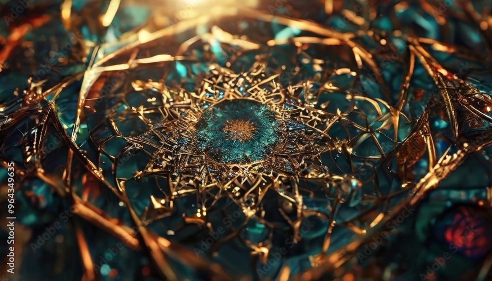 Poster a close-up view of a complex, intricate pattern of metallic wires and tubes, with a central, glowing