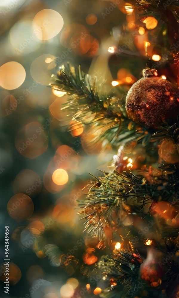 Poster a close-up view of a christmas tree adorned with twinkling lights and a shiny ornament, with a blurr