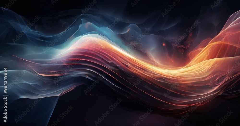 Poster a digital art piece featuring a swirling, multicolored wave-like pattern with a gradient of orange, 
