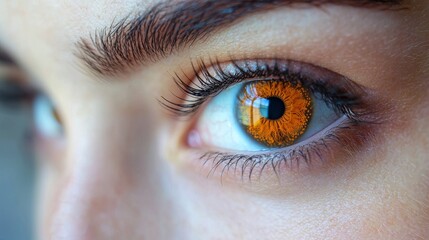 Obraz premium A close-up view of an amber-hued eye highlighting unique coloration and intricate details, showcasing natural beauty in soft lighting