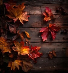 Obraz premium Autumn leaves in various shades of orange, red, and brown are scattered across a dark wooden surface, creating a warm and natural atmosphere.