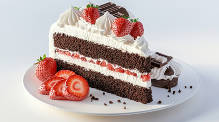 A delicious slice of chocolate strawberry cake with creamy frosting and fresh strawberries, served on a white plate.