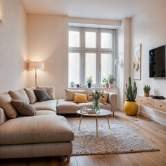 Fototapeta premium Interior of light living room with sofa and glucophone on table