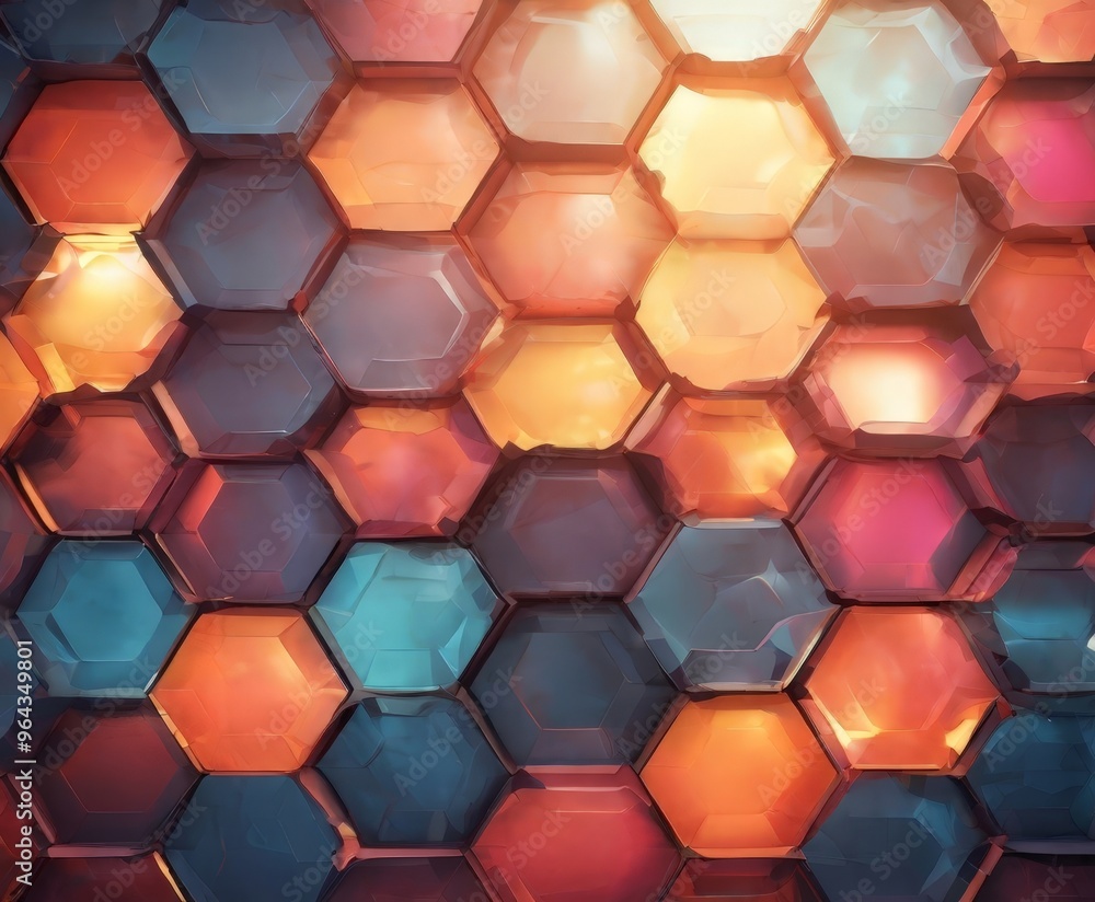 Poster a close-up view of a honeycomb pattern composed of hexagonal shapes in various shades of orange, blu