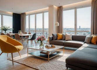 Fototapeta premium Interior of light living room with sofa and glucophone on table