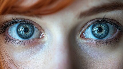 Naklejka premium Close-up of captivating blue eyes showcasing vivid detail and reflections, person with vibrant red hair exhibiting a striking gaze