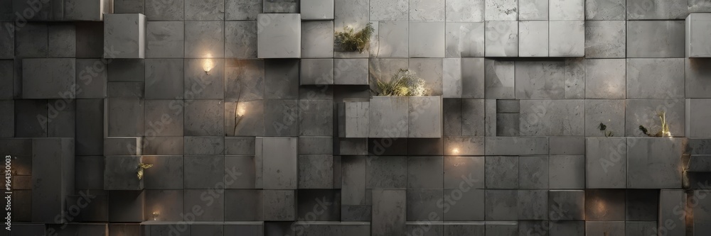 Poster a a concrete wall composed of numerous square blocks, each containing a small plant. the blocks are 
