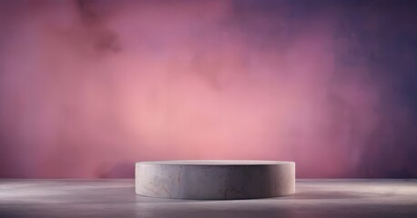 A round concrete podium stands against a backdrop of a gradient pink and purple sky, creating a minimalist and serene atmosphere.