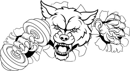 A wolf or werewolf dog weight lifting gym animal sports mascot holding a dumbbell weight in his claw