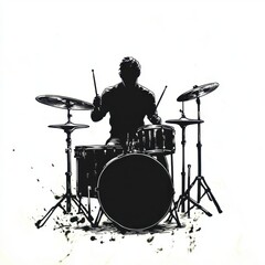 Fototapeta premium Silhouette of a drummer playing in artistic black and white ink style