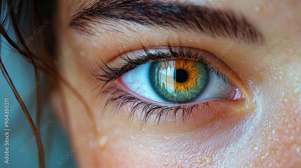 Poster a close-up view of a person's striking hazel-green eye with intricate patterns and reflections in br
