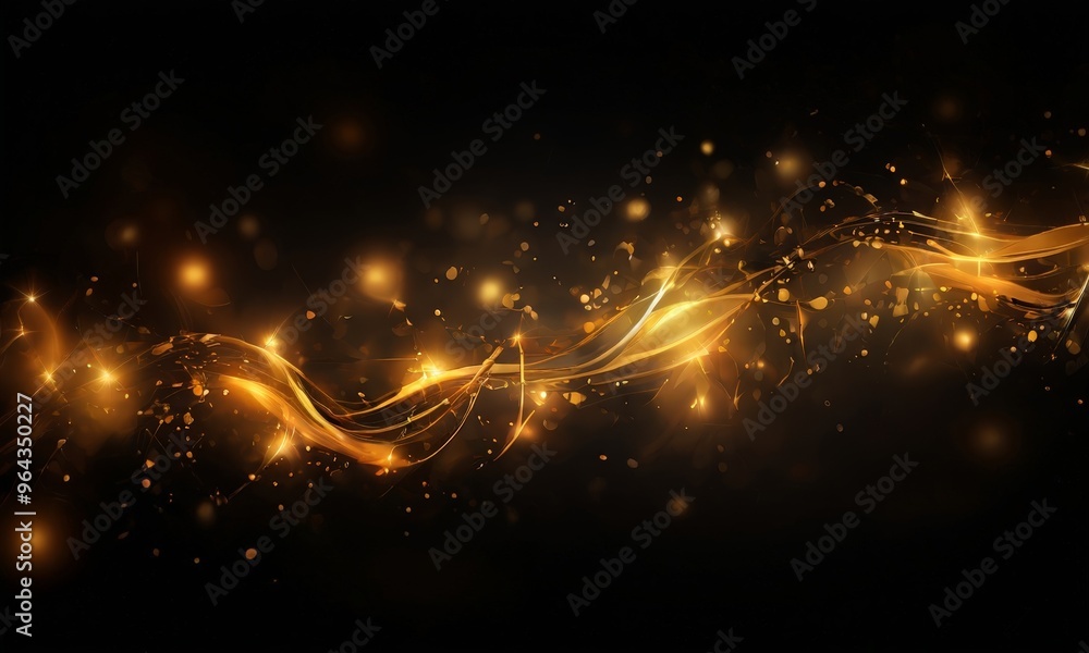Poster dynamic, abstract representation of golden waves and particles against a dark background, creating a