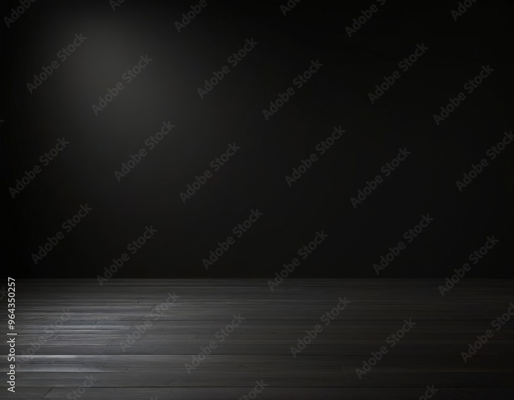 Poster a dark, empty room with a wooden floor and a single light source on the left side.