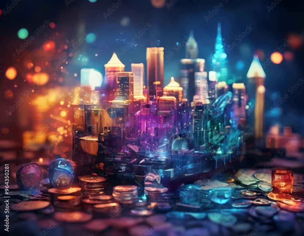 Poster a digital illustration of a cityscape with a variety of buildings, including skyscrapers and smaller
