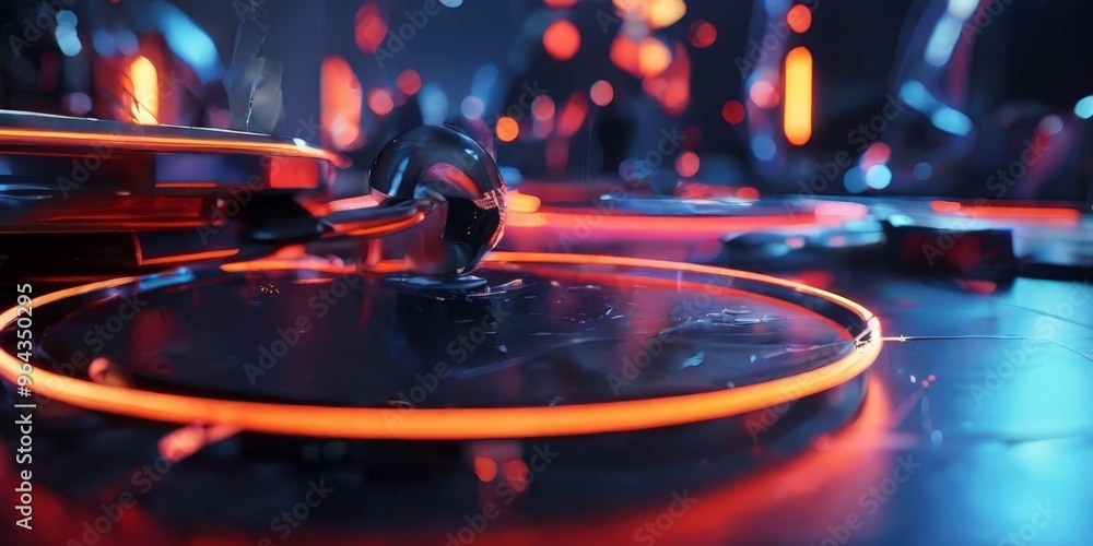 Poster a close-up view of a futuristic object with a glowing orange and blue surface, surrounded by a blurr