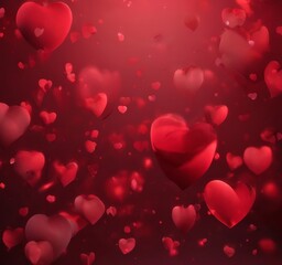 dark red background with numerous red heart-shaped objects scattered throughout, creating a sense of depth and dimension.