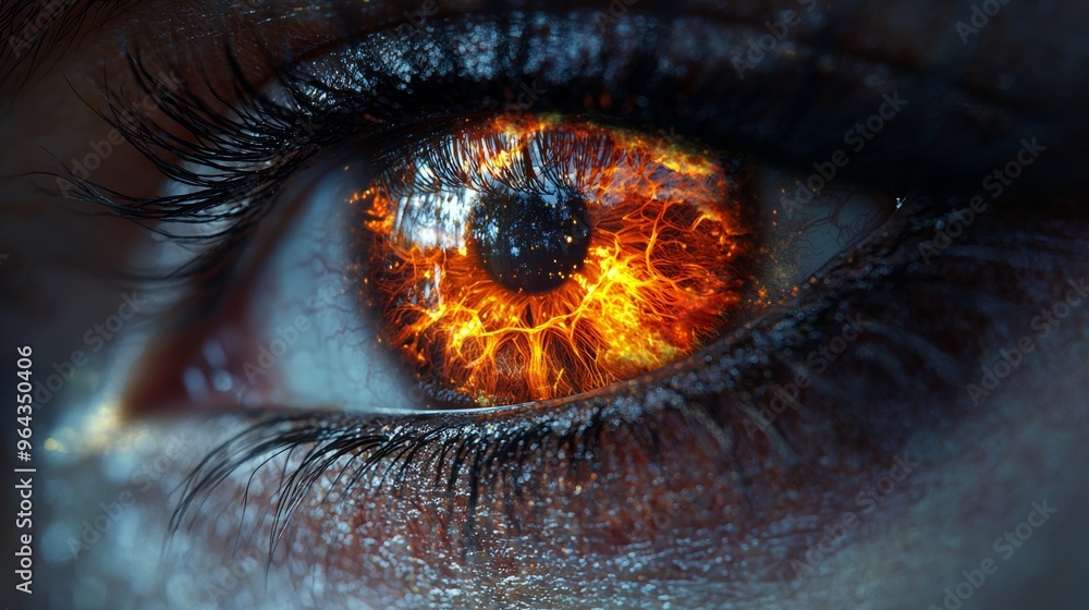 Poster a captivating close-up of a fiery orange eye with intricate details, capturing a moment of intense e