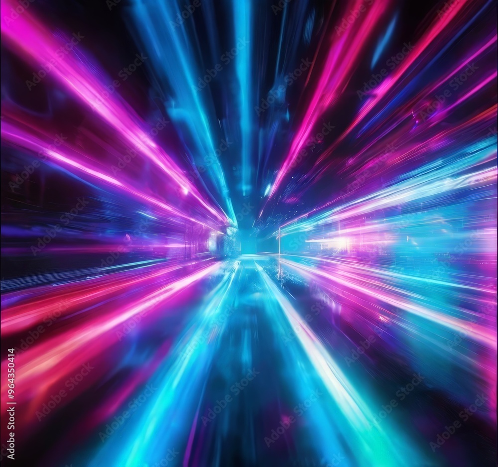 Poster a vibrant, abstract scene of colorful light beams radiating outwards from a central point, creating 