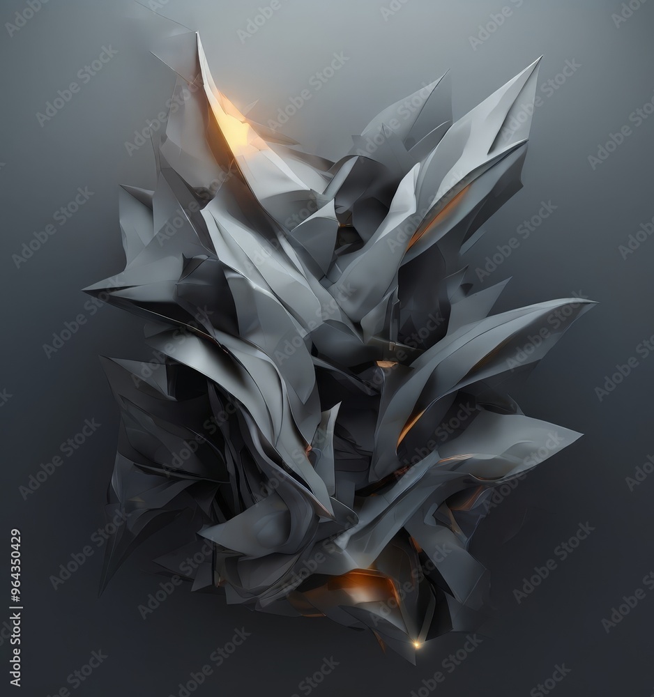 Poster a complex, abstract composition of overlapping, angular shapes in shades of gray and orange, creatin