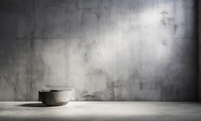 A minimalist concrete sculpture with a curved base and a small opening on top, set against a plain concrete wall with a single light source casting a shadow on the floor.