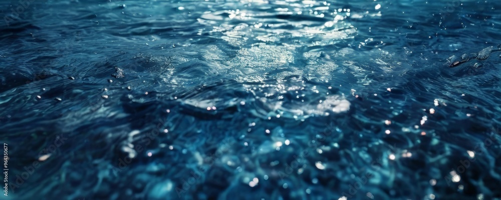 Poster a close-up view of the rippling surface of a body of water, with small waves and reflections creatin