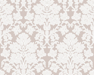 flower print dyed linen texture background. Seamless woven repeat batik pattern swatch. Floral organic distressed block print all over