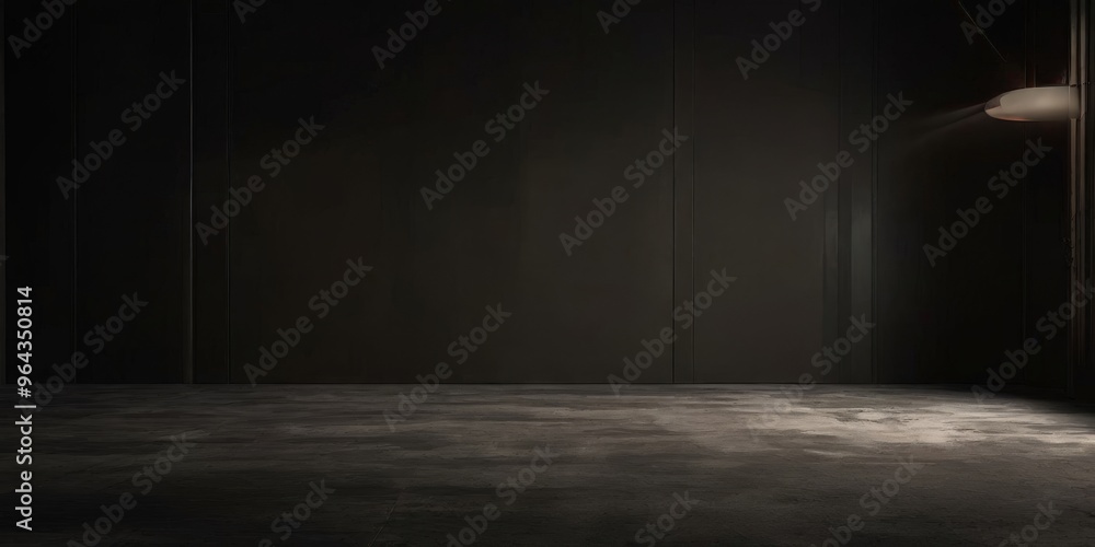 Poster a dimly lit room with a concrete floor and a single light source on the right side.