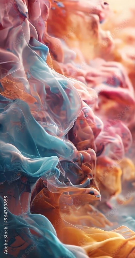 Poster a close-up of a swirling, abstract pattern of blue, orange, and pink hues, creating a dynamic and vi