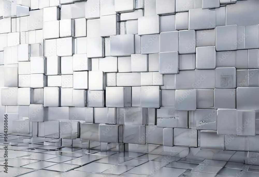 Poster a a wall composed of numerous small, square cubes in a metallic silver color, creating a visually st