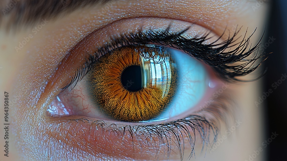 Poster a close-up view of a detailed brown eye reflecting light and showcasing unique textural patterns in 