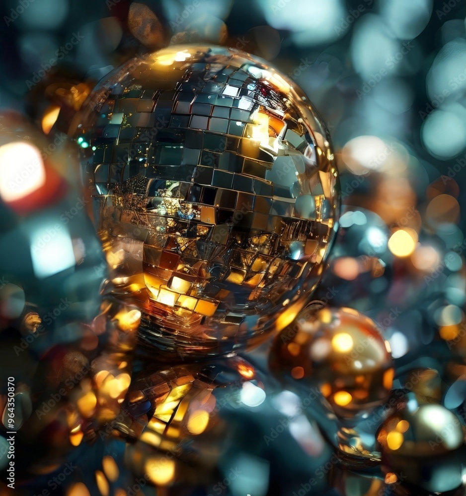 Poster a disco ball with a reflective surface is surrounded by a blurred array of colorful lights, creating