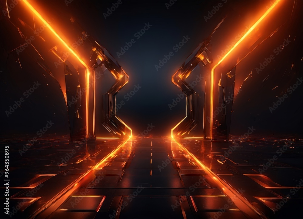 Poster futuristic, neon-lit corridor with a geometric pattern of glowing lines and shapes, creating a sense